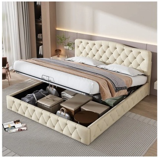 Flieks Polsterbett, Hydraulisches Doppelbett Holzbett Samt 180x200cm beige beige 184 cm x 203 cm x 108 cm