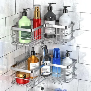 yazoni Duschablage Ohne Bohren Ecke - 2 Stücke Shampoo Halterung für Dusche, Regale für Wände Badezimmer mit 8 Haken, Große Kapazitäten Rostfreier Duschkorb Silber