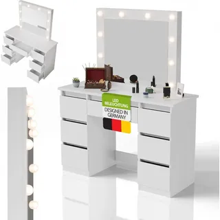 Juskys Schminktisch Talea mit LED-Spiegel, 3 Farbtemperaturen, stufenlose Helligkeit, viel Stauraum – Weiß