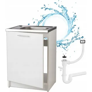 STAMAR Spülenschrank Küchenschrank 60cm Weiß Spüle Deante Edelstahl Siphon ohne Armatur (Komplett) Standschrank 50cm Tiefe Geschirrspüler Set Spülenschrank Montagefertig weiß