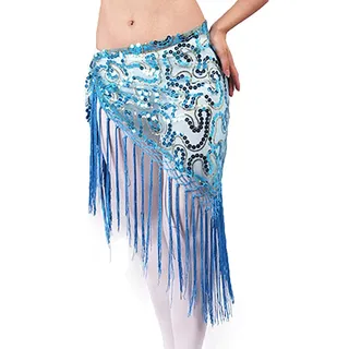 MITINGER Bauchtanz Hüfttuch,Bauchtanz Bauchtanz Kleidung Frauen Dancewear Lange Fringe Hand Häkeln Dreieck Gürtel Bauchtanz Hüfte Schal Pailletten(Turquoise)