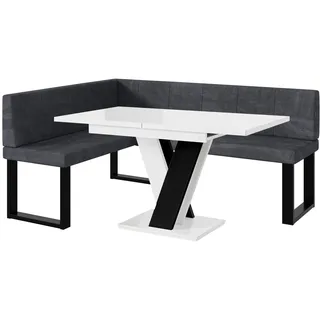 MEBLINI Eckbank für Esszimmer mit ausziehbarem Tisch - Küchenbank - Essecke - Sitzecke Küche - Peter - U-Beine 128x168x87cm Links - Dunkelgrau Samt/M Weiß-Schwarz Hochgl.