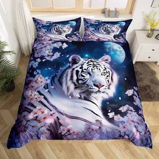 Manfei 3D Tiger Bettbezug Set S Größe,Rosa Kirschblüte Bettwäsche Set Kinder Teens Frauen Männer,Wilde Tiere Botanische Tröster Abdeckung Boho Romantische Mond Nacht Quilt Cover,1 Kissenbezug