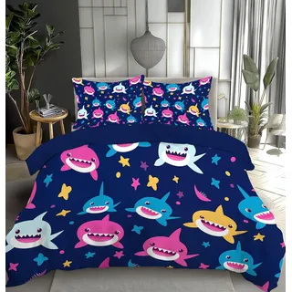 DLERFLOVR Bettwäsche Baby Shark 135x200cm 3teilig Bettbezug - Wohnzimmertiere Bettdeckenbezug Weich & Bügelfrei Bettbezug Wendebettwäsche mit Kissenbezüge für Jungen, Mädchen und Kinder, Indigo