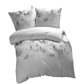 etérea Mako Satin Baumwolle Bettwäsche Lilu Schmetterlinge 155x220 2er Set - mit Reißverschluß - nach Oekotex 100 - Bettbezug mit Kissenbezug - 155 x 220 + 80 x 80 cm - Grau