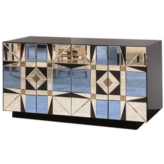 Casa Padrino Luxus Sideboard Schwarz / Blau 140 x 45 x H. 80 cm - Massivholz Schrank mit 4 verspiegelten Türen - Luxus Möbel