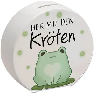 Frosch Spardose mit Spruch Her mit den Kröten EIN buntes Sparschwein zum Sparen Teenager süße Kawaii Sparbüchse Kinder Comic Kinderzimmer witziges niedlich Kröte