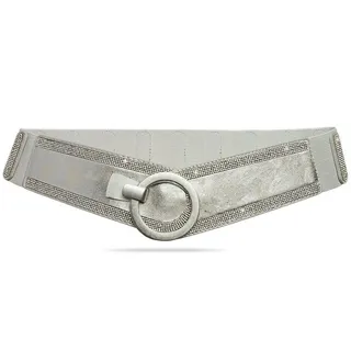Caspar Taillengürtel GU315 Damen elastischer breiter Glitzer Strass Gürtel silberfarben 83 für Körperumfang 90-110 cm
