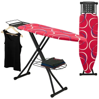 Relaxdays Bügelbrett 110 x 33 cm, höhenverstellbar, klappbar, Kleiderablagen, Bügeltisch, rot