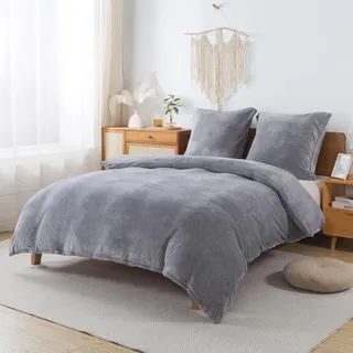 WUMIUER Plüsch Bettwäsche 240x220 cm Grau 3tlg Set, Winter Biber Warm Flauschig Bettbezug und 2 Kissenbezüge 80x80cm, Kuschelig Weich Cashmere Touch Flanell Fleece Bettdeckenbezug Bettdecke Cover