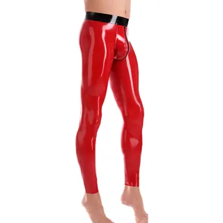 Herren-Leggingshose 100% Latexhose Frontreißverschluss mit Loch hinten Rot mit schwarzem Taillenband Einzigartige lange Hose Club Wear Anpassen