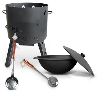 Utschak Feuerofen mit Gusseisen Topf runder Boden mit Deckel (16 L) KazanoFF, Uchag Feuerofen Gusseisen Kazan Kasan Schaumlöffel x2Stk Outdoor, Feuerschale, Camping (Set 16-5)