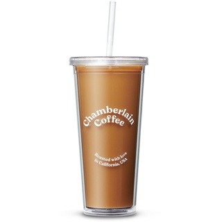Chamberlain Transparenter Becher – 680 ml, durchsichtig, doppelwandig, mit Deckel, Strohhalm für kaltes Gebrühen, Eistee, Matcha-Getränke – 100% recycelbare Kaffeetasse