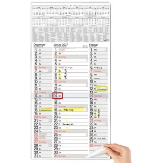 TOBJA Wandkalender 3 Monatskalender 2027 Nebeneinander mit Notizen 30x59 cm FSC, Nebeneinander, Notizplatz pro Tag, Datumsschieber, 4-sprachig, FSC