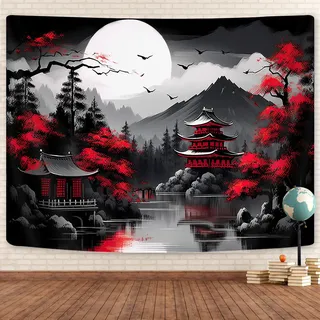 Wandteppich für Schlafzimmer, Motiv: Bergwald, Schwarz-Weiß-Mondlandschaft, Wandbehang, Baum, Sonnenuntergang, dunkel, groß, asiatisch, japanische Wandteppiche, ästhetische Anime-Kunst-Dekoration für