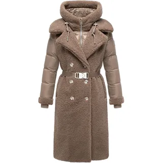 Navahoo Damen Langer Materialmix-Wintermantel warmer Plüschmantel mit angesagtem Materialmix und herausnehmbarem Einsatz mit Kapuze Kuscheltraum 14 Taupe Grey Gr. XL - XL