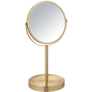 WENKO Standspiegel Alata Gold matt, Kosmetikspiegel mit 3-Fach Vergrößerung, stufenlos schwenkbar, mit Ablage, Ø 17 cm