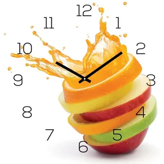 Levandeo® Wanduhr (Wanduhr Glas 30x30cm Uhr Glasbild Orange Apfel Wasser Frucht Küche)
