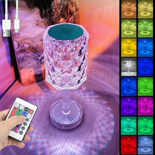 LED Kristall Tischlampe, 16 Farben & 4 Modi Moderne Acryl Rose Tischleuchte Kabellos Touch Dimmbar Nachttischlampe mit Fernbedienung, USB Aufladbar RGB Farbwechsel Diamant Tischlampe für Schlafzimmer