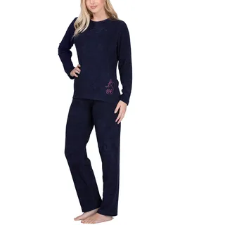 Moonline Frottee-Schlafanzug für Damen mit Motivdruck, Farbe:Navy, Größe:40-42 - 40