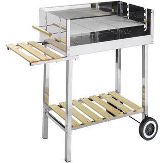 GLÜHZONE HKG 500, Grill XXL Edelstahl Grillwagen, Holzkohlegrill fahrbar mit Holzablage, 4-fach höhenverstellbarer großer Grillrost, langlebig