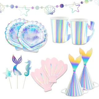 Decoraparty Geschirr-Set Meerjungfrau für 6 Personen, Dekoration für Geburtstagsfeier, Mädchen, schillernd, 6 Teller, 6 Becher, 20 Servietten, 6 Hüten, 1 Banner, Kit 3 Cake Topper