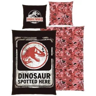 Familando Kinderbettwäsche Jurassic World T-Rex Dino 135x200 80x80 cm mit Reißverschluss, Mikrofaser, 2 teilig, mit Wendemotiv schwarz