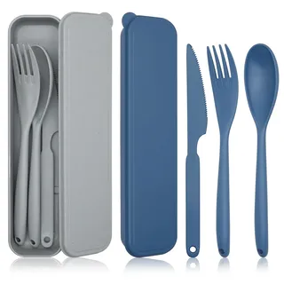 JINGIHE 2 Sets Large Reisebesteck mit Etui, Campingbesteck Set, Wiederverwendbar Outdoor Besteck,Unterwegs Plastik Besteck Messer Löffel Gabel für Lunchbox School Arbeit Picknick (Blau + Grau)