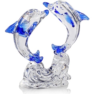 H&D HYALINE & DORA Glas Doppel Delfin Figuren Sammlerstücke, Glas Meerestier Ornament, Kristalltiere Briefbeschwerer für Zuhause Büro Dekoration (blau)