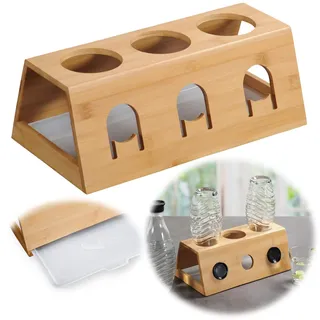 LS-LebenStil 3-Fach Flaschenständer - FSC Holz Bambus - passend für Sodastream Crystal Flaschen - mit Abtropfschale - ausziehbar - Abtropfständer Abtropfgestell Flaschenhalter für Emil Flaschen