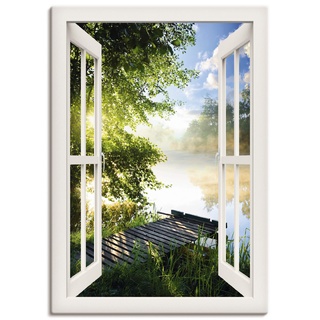 Artland Leinwandbild Wandbild Bild Leinwand 50x70 cm Wanddeko Fensterblick Fenster Landschaft Wald Natur See Angelsteg Sonne Frühling T1JK