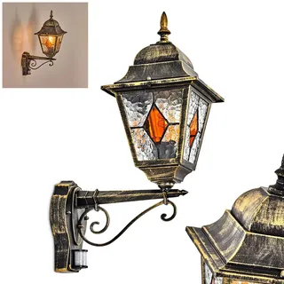 HOFSTEIN Außenwandleuchte Chatelain, Außenwandlampe mit Bewegungsmelder aus Metall/Glas in Gold/Schwarz/Klar/Bernstein, Wandleuchte außen im Vintage/Antik/Landhaus-Design, Garten, Terrasse, E27, IP44