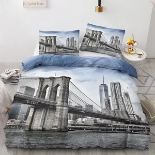 Generisch New York Bettwäsche 155x220 - Brooklyn Brücke Bettbezug 155x220 3 Teilig, Weiche & Angenehme Mikrofaser Bettbezüge & 2 Kissenbezug 80x80, Bettwäsche-Sets mit Reißverschluss V%-70