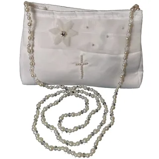LadyMYP© Brauttasche/Brautbeutel/Handtasche mit Perlen-Blümchen und Perlen in Kreuzform mit Perlenkette für Hochzeit Kommunion weiß/ivory NEU (Ivory LB66) - Breite: ca. 16 cm Höhe: ca. 12 cm Tiefe: ca. 6 cm