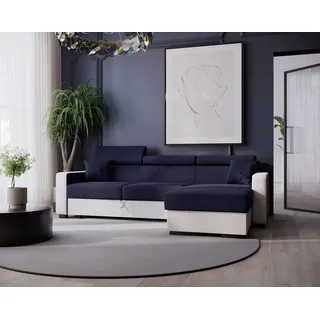 GOLDSTOFF DIWIA Ecksofa 202 x 130 cm mit Schlaffunktion & Bettkasten – Schlafsofa L-Form mit Kopfstützen Stauraum (Blau+Weiß) - Blau/Weiß