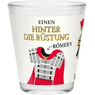 Robustes Sheepworld Schnapsglas mit lustigem Spruch "Einen hinter die Rüstung römern"