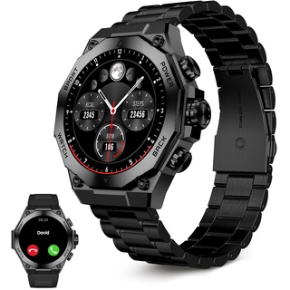 Ksix Titanium Herren-Smartwatch, Sportuhr, Anrufe und Benachrichtigungen, Armband aus Stahl und Silikon, AMOLED-Display, Gesundheits- und Sportmonitor, Sprachassistenten, Laufzeit 5 Tage, Schwarz,