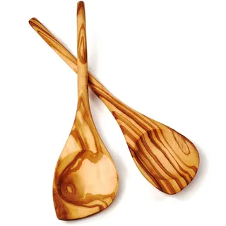 DAS OLIVENHOLZBRETT® Kochlöffel aus Olivenholz mit rundem Stiel und einer Ecke, ca. 30cm im 2er set
