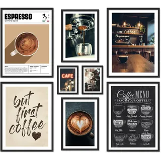 ARTFAVES® Poster Set - COFFEE LOVE - mehrteilige Wanddeko Wohnzimmer & Küche & Esszimmer - 8 moderne Wandbilder Kaffee Deko, Espresso, Coffee time - mit Rahmen Schwarz
