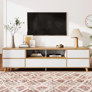 Merax Lowboard TV Board, TV Schrank mit 5 Türen und 2 offenes Fächer, TV Ständer mit viel Stauraum, Landhausstil Sideboard, Fernsehschrank für Wohnzimmer Esszimmer, 175 x 37 x 51 cm, Weiß & Holzfarbe