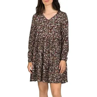 DENIMFY A Linien Kleid Damen DFIda Midikleid Kleider Strandkleid Sommerkleid Sommer Blumenmuster Elegant Langarm Knielang V-Ausschnitt, Größe:L/XL, Farben:Mille Fleur Black - L-XL