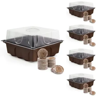 HappySeed 5X Anzuchtkasten Set mit 60 Kokos Quelltabletten - Mini Gewächshaus Indoor zur Vorkultivierung und Anzucht von Kräutern, Gemüse und Blumen