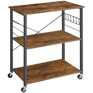 VASAGLE Servierwagen Küchenregal auf Rollen, mit 3 Ebenen, Mikrowellenregal mit 6 Haken, 80 x 40 x 89 cm, Küchenwagen für Mini-Backofen und Toaster braun|schwarz 80 cm x 89 cm x 40 cm
