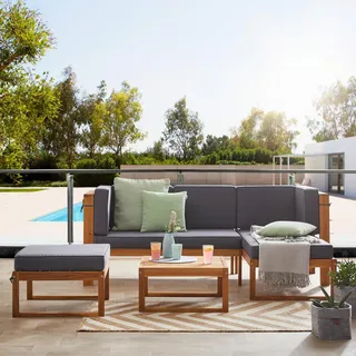 Ambia Garden Loungegarnitur, Grau, Akazie, Holz, Textil, 4-teilig, Akazie, vollmassiv, Füllung: Schaumstoff, Ottomane rechts, L-Form, 123.5x199 cm, wetterfest, Loungemöbel, Gartenlounge-Sets