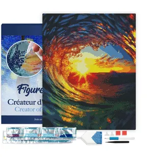 Figured'Art Diamond Painting Erwachsene 40x50cm Mit Rahmen Ganze Leinwand gespannt Welle und Sonnenuntergang 5D Bilder Eckige Steine - DIY Set Basteln