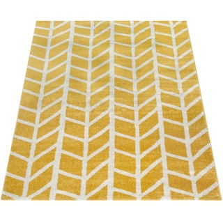 Paco Home Teppich Wohnzimmer Muster Geometrisch Modern Kurzflor Streifen In Gelb Weiß, Grösse:120x170 cm