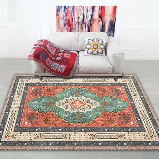 WENYAPJYC Vintage Perser Ethnischer Stil Wohnzimmer Quadratisch Teppich Grün Rot Beige Bunt Gemustert Bedruckt Antirutsch Waschbar Zimmer Schlafzimmer (Farbe 2, 100x120 cm)