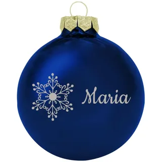 Deitert Weihnachtskugel mit Wunschtext Gravur, Ø 8cm, personalisierte Christbaumkugel aus Glas (glänzend), Individueller Weihnachtsbaumschmuck Namen oder Spruch, Schneeflocken-Motiv, Blau
