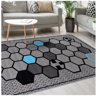 Mazovia Designteppich Modern Teppich Kurzflor Wohnzimmerteppich Robust und pflegeleicht GRAU, 80 x 150 cm, Fußbodenheizung,Allergiker geeignet,Farbecht,Pflegeleicht,Geometrisch blau|grau 80 x 150 cm