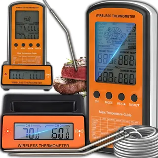 Retoo Fleischthermometer Kabellos 2 Sonden LCD 30 m -50 bis 300 °C Grill | 5 Garstufen, °C/°F-Anzeige, 100 cm Sondenkabel, für Ofen, Smoker, Pfanne, Drehspieß